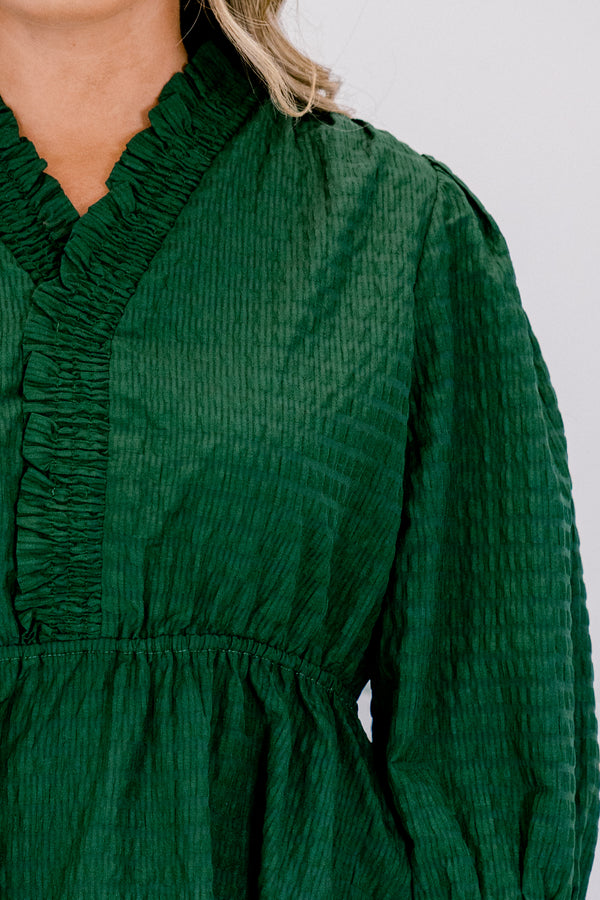 Chic Soul plus size clothing, dark green long bubble sleeve short flair baby doll dress with ruffles along the neckline and hem