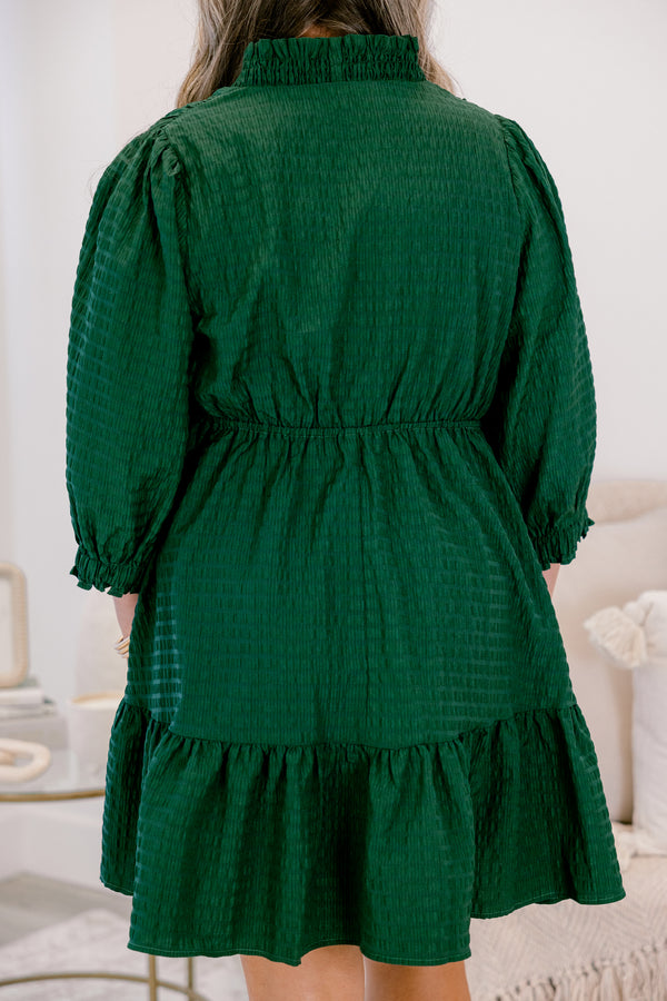 Chic Soul plus size clothing, dark green long bubble sleeve short flair baby doll dress with ruffles along the neckline and hem
