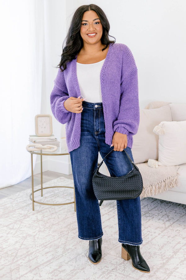 Chic Soul plus size clothing, knit purple cardigan with flowy sleeves