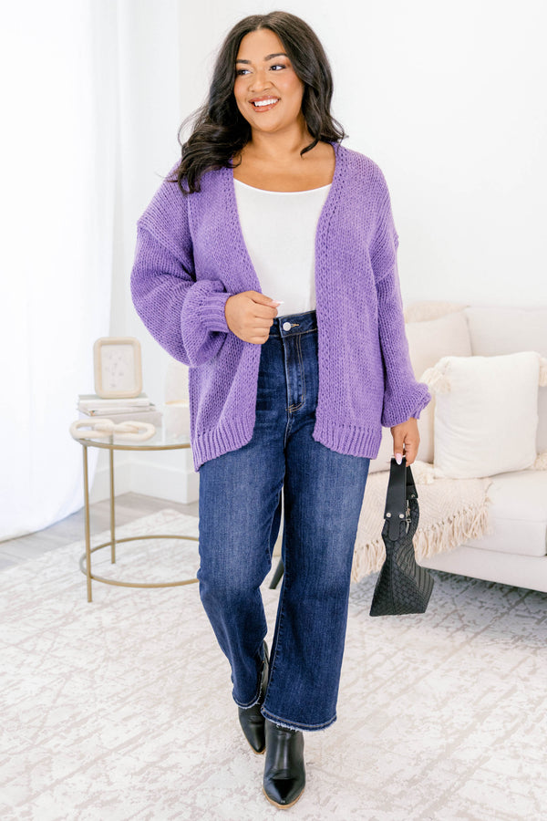 Chic Soul plus size clothing, knit purple cardigan with flowy sleeves