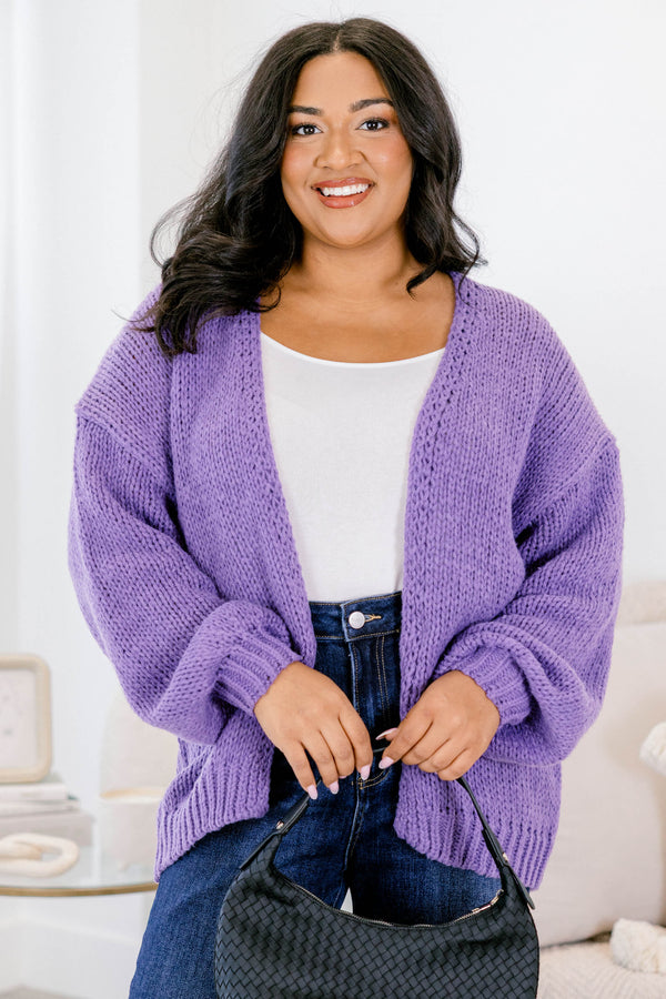 Chic Soul plus size clothing, knit purple cardigan with flowy sleeves