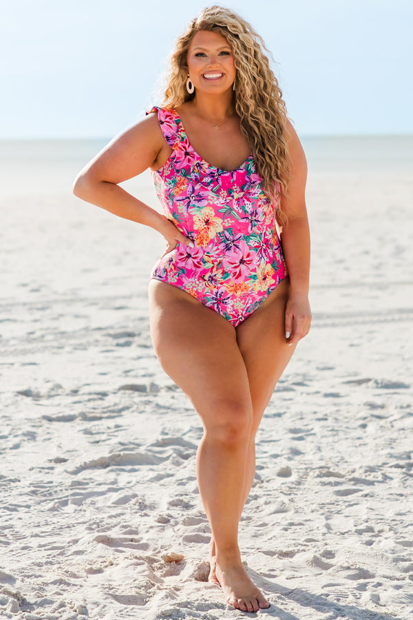 Chic Soul plus size clothing, pink tropical one piece swimsuit with scoop neck with ruffle detail along neckline