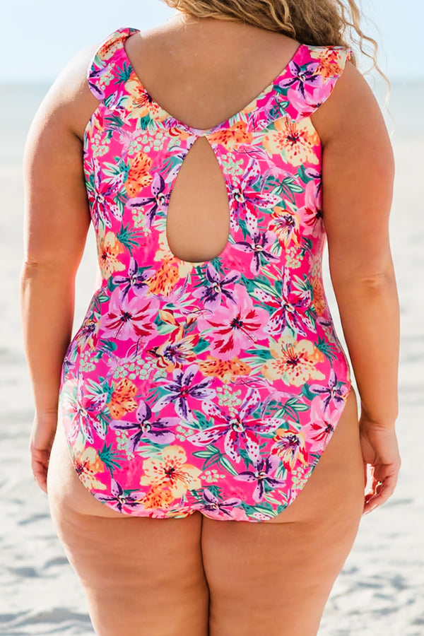 Chic Soul plus size clothing, pink tropical one piece swimsuit with scoop neck with ruffle detail along neckline