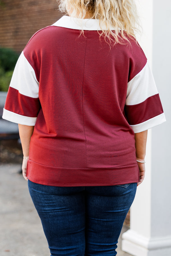 Chic Soul plus size clothing, short-sleeve marsala red top with v-neckline and white collar with white stripe color-block detailing on sleeves
