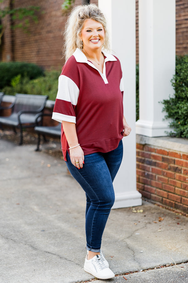 Chic Soul plus size clothing, short-sleeve marsala red top with v-neckline and white collar with white stripe color-block detailing on sleeves

