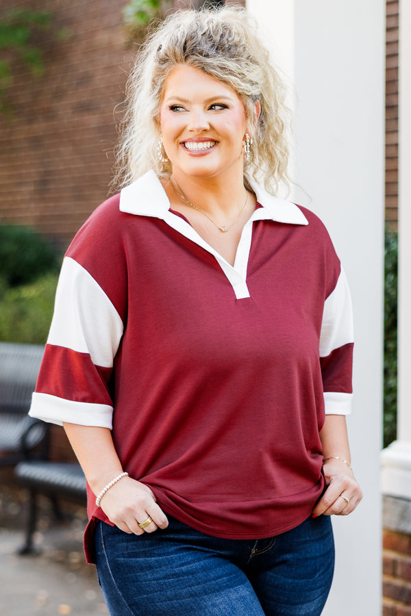 Chic Soul plus size clothing, short-sleeve marsala red top with v-neckline and white collar with white stripe color-block detailing on sleeves

