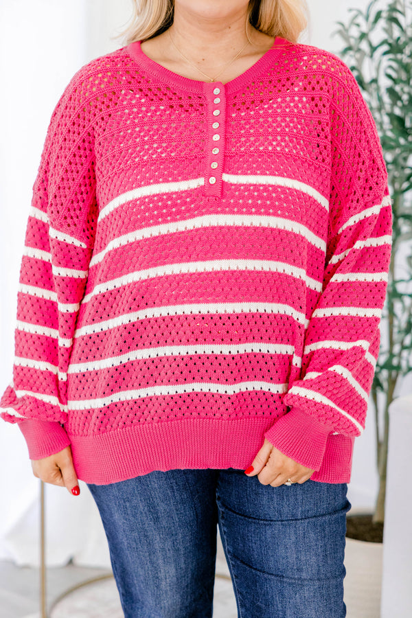 Chic Soul plus size clothing, pink woven long sleeve sweater with white stripes as well as buttons going down to the chest area 