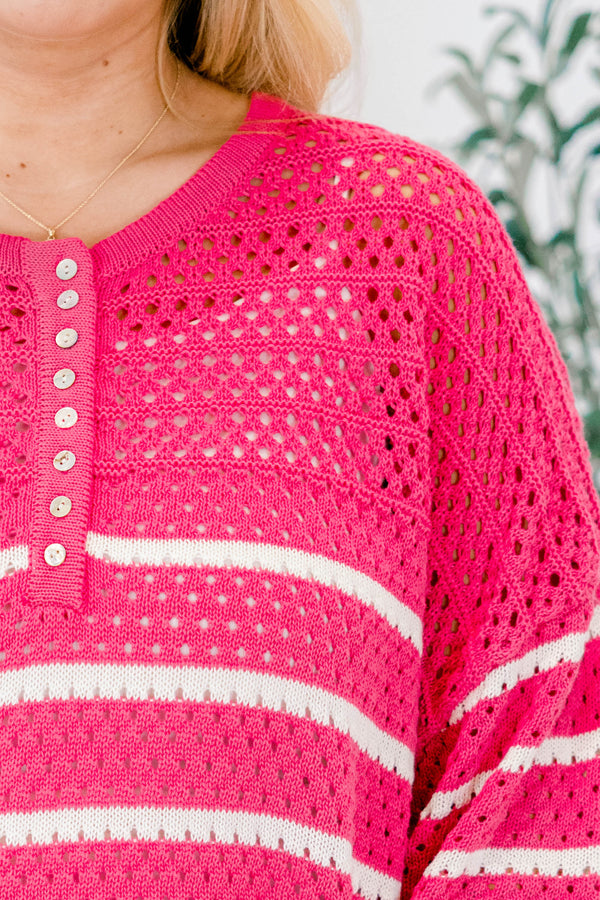 Chic Soul plus size clothing, pink woven long sleeve sweater with white stripes as well as buttons going down to the chest area 