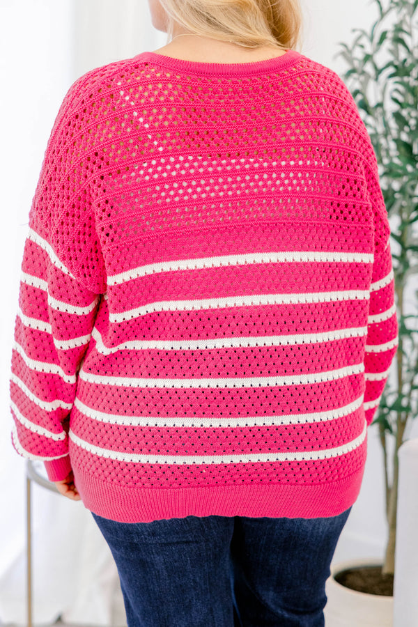 Chic Soul plus size clothing, pink woven long sleeve sweater with white stripes as well as buttons going down to the chest area 