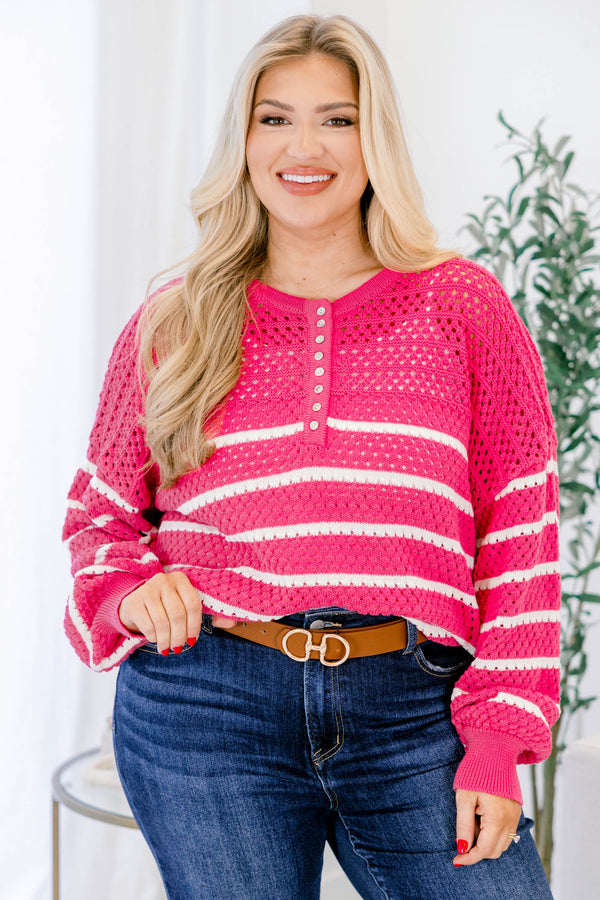 Chic Soul plus size clothing, pink woven long sleeve sweater with white stripes as well as buttons going down to the chest area 