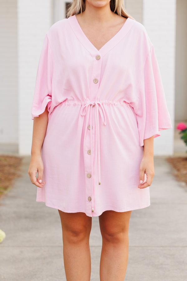 Chic Soul plus size clothing, light pink button down dress with flowy sleeves and a tie at waist
