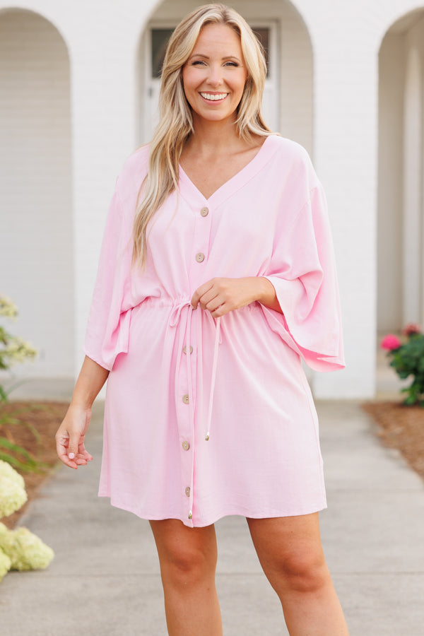 Chic Soul plus size clothing, light pink button down dress with flowy sleeves and a tie at waist