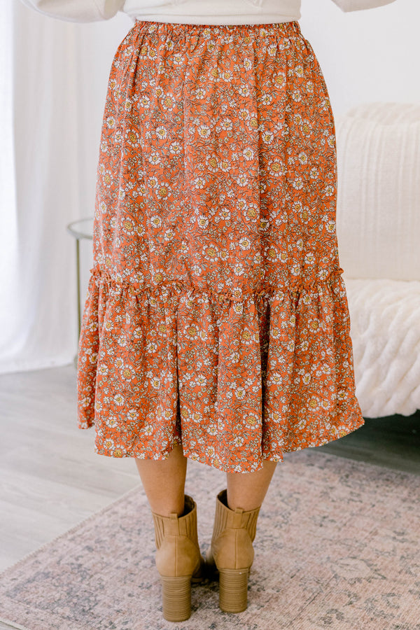 Chic Soul plus size clothing, coral orange tiered flowy midi skirt with white and yellow small floral print