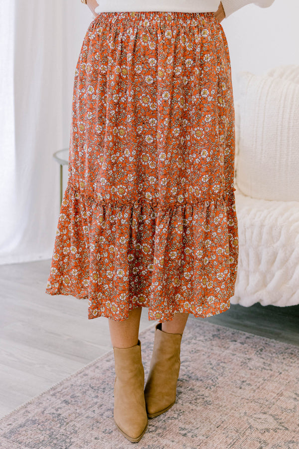 Chic Soul plus size clothing, coral orange tiered flowy midi skirt with white and yellow small floral print