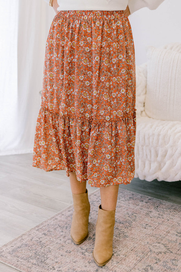Chic Soul plus size clothing, coral orange tiered flowy midi skirt with white and yellow small floral print