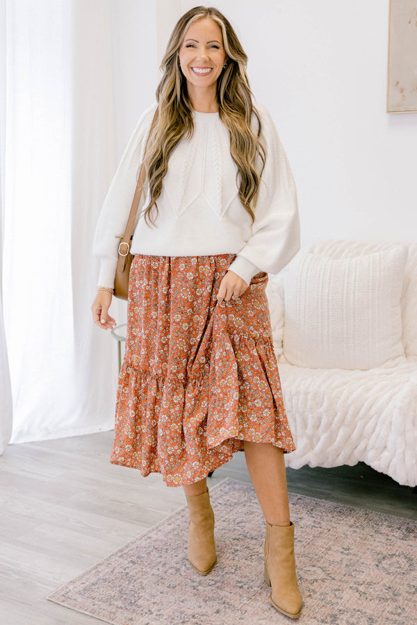 Chic Soul plus size clothing, coral orange tiered flowy midi skirt with white and yellow small floral print