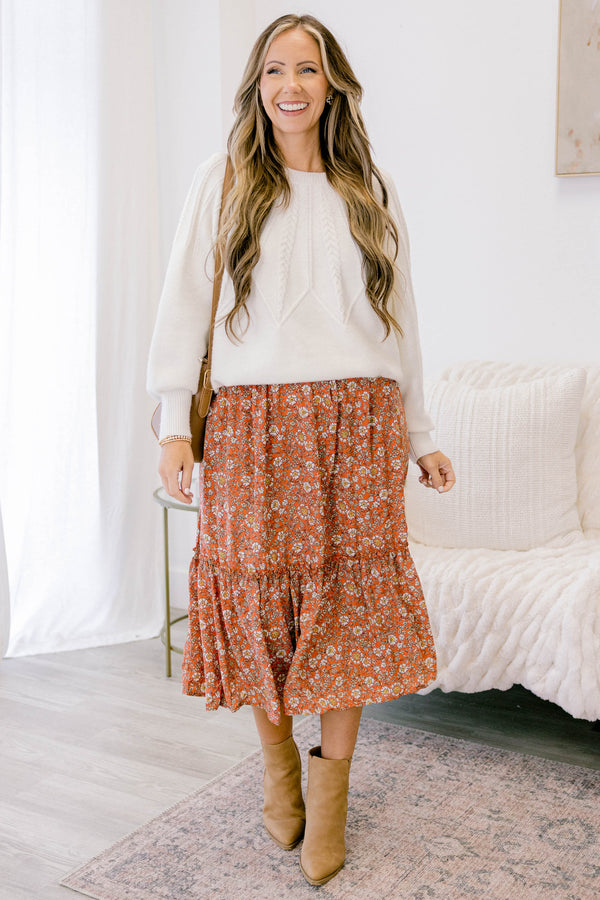 Chic Soul plus size clothing, coral orange tiered flowy midi skirt with white and yellow small floral print