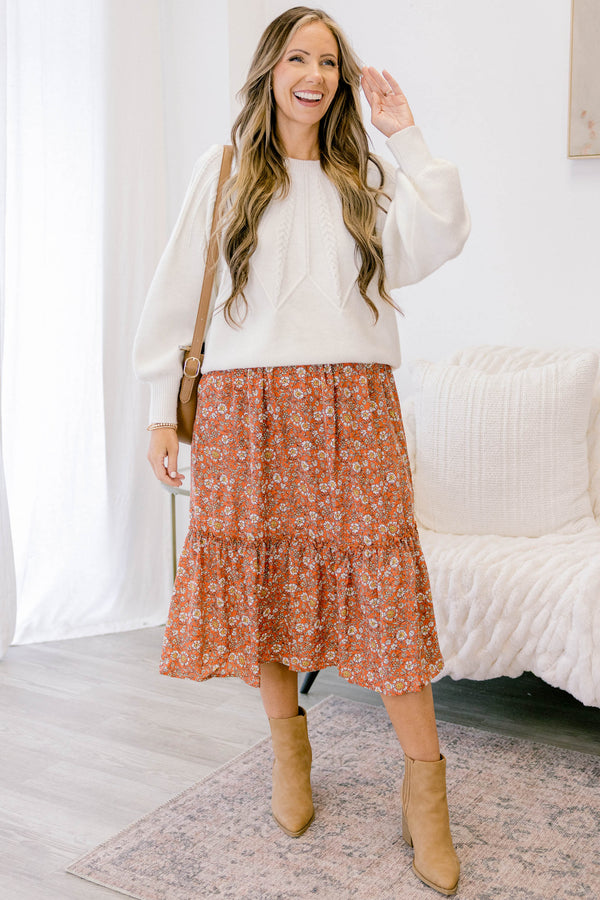 Chic Soul plus size clothing, coral orange tiered flowy midi skirt with white and yellow small floral print