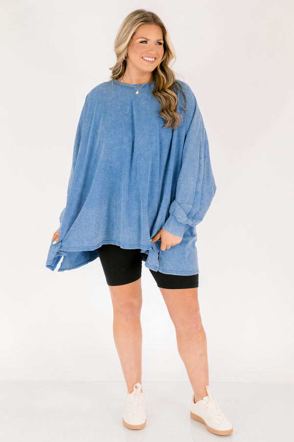 Chic Soul plus size clothing, blue acid wash long sleeve tunic