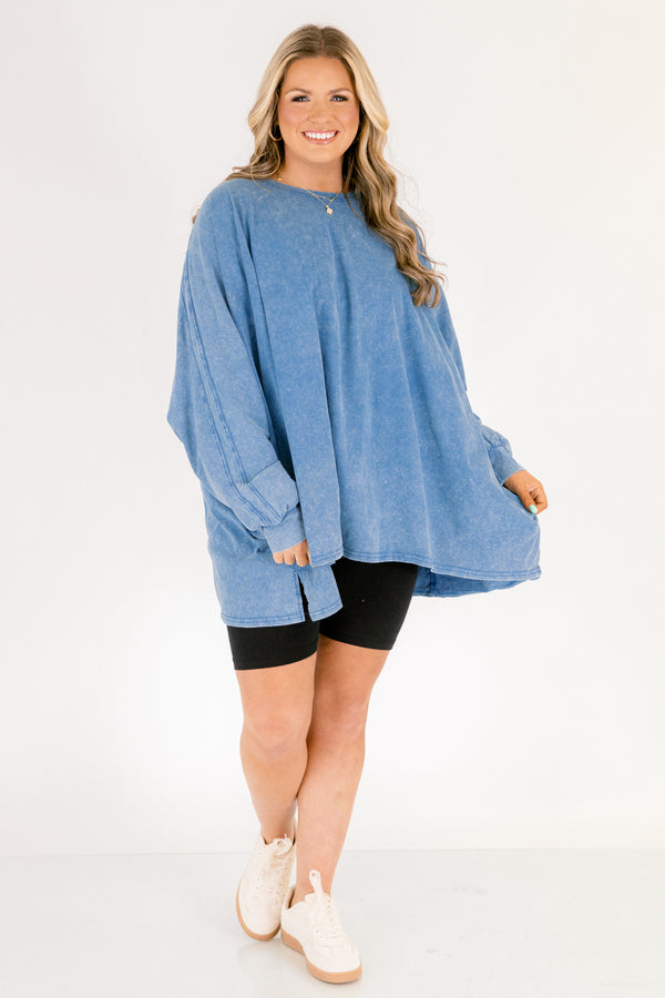 Chic Soul plus size clothing, blue acid wash long sleeve tunic