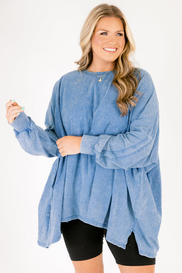 Chic Soul plus size clothing, blue acid wash long sleeve tunic