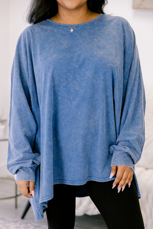 Chic Soul plus size clothing, blue acid wash long sleeve tunic