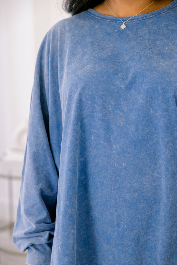 Chic Soul plus size clothing, blue acid wash long sleeve tunic