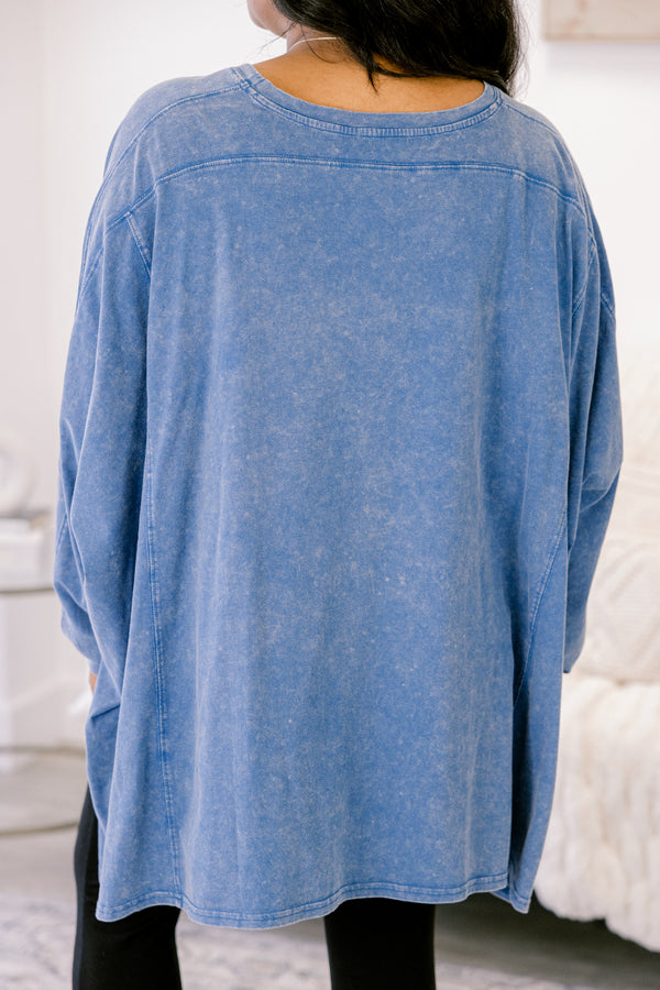 Chic Soul plus size clothing, blue acid wash long sleeve tunic