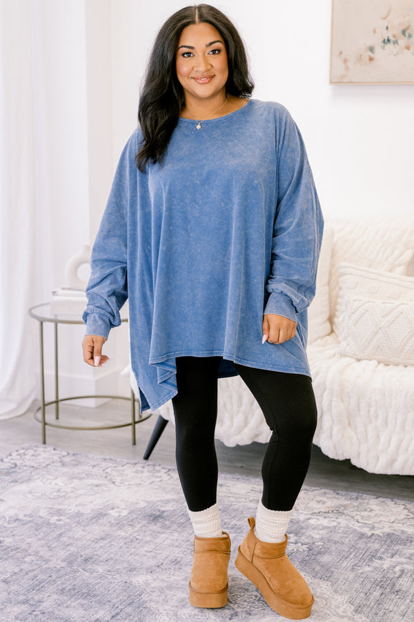 Chic Soul plus size clothing, blue acid wash long sleeve tunic