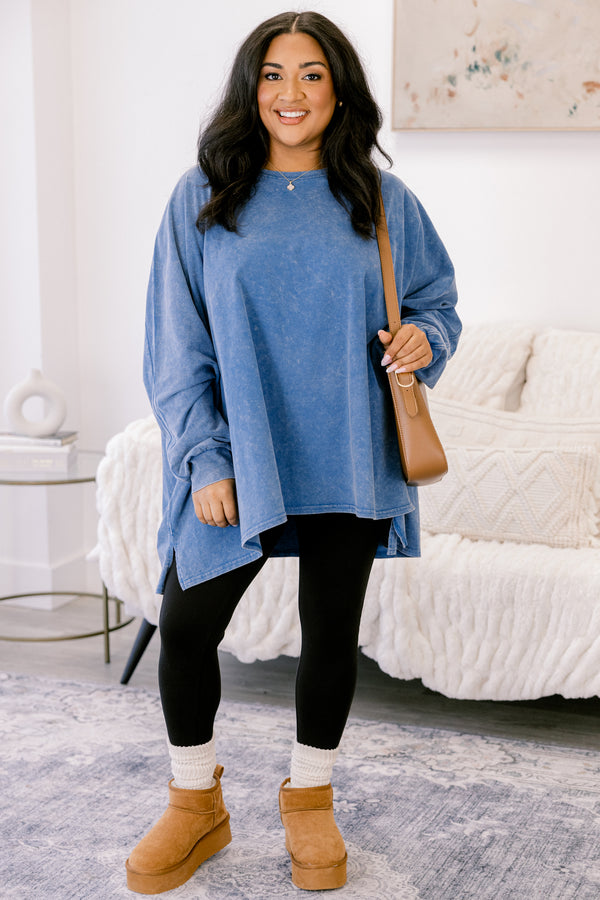 Chic Soul plus size clothing, blue acid wash long sleeve tunic