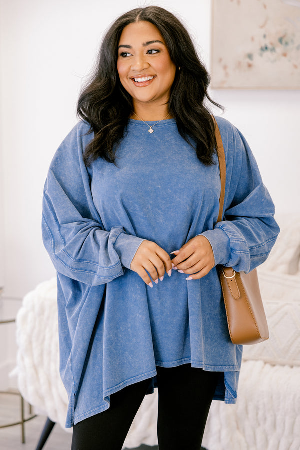Chic Soul plus size clothing, blue acid wash long sleeve tunic