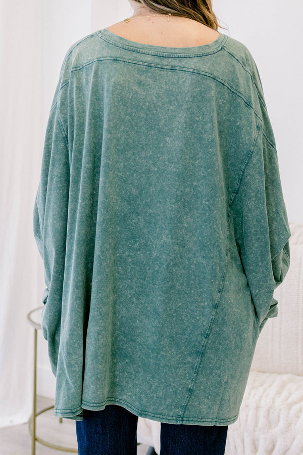 Chic Soul plus size clothing, dark green acid wash long sleeve flowy tunic