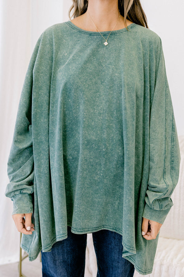 Chic Soul plus size clothing, dark green acid wash long sleeve flowy tunic