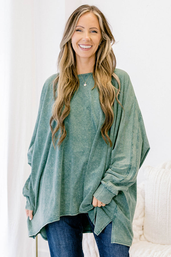 Chic Soul plus size clothing, dark green acid wash long sleeve flowy tunic