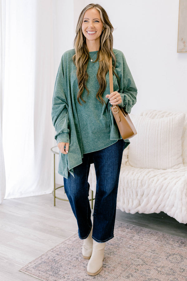 Chic Soul plus size clothing, dark green acid wash long sleeve flowy tunic