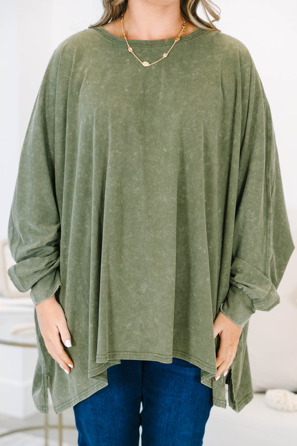 Plus size olive mineral wash tunic with a flowy high-low hem and long sleeves.