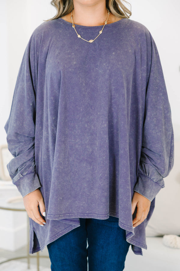 Plus Size plum mineral wash tunic with an oversized fit, long sleeves, and a round neckline.