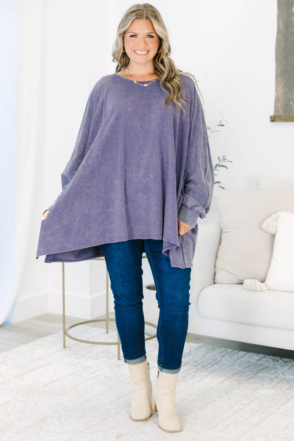 Plus Size plum mineral wash tunic with an oversized fit, long sleeves, and a round neckline.