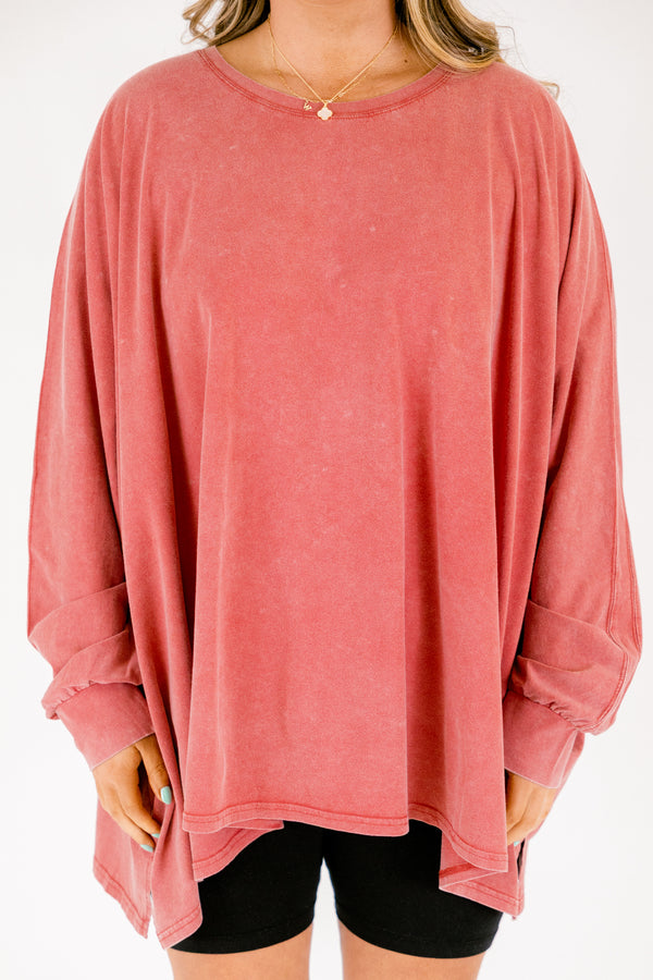 Chic Soul plus size clothing, light red acid wash long sleeve tunic