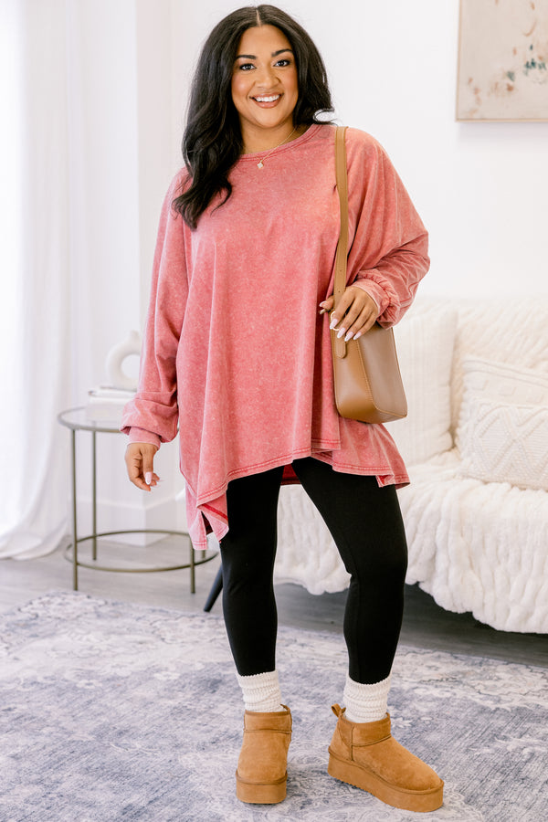 Chic Soul plus size clothing, light red acid wash long sleeve tunic
