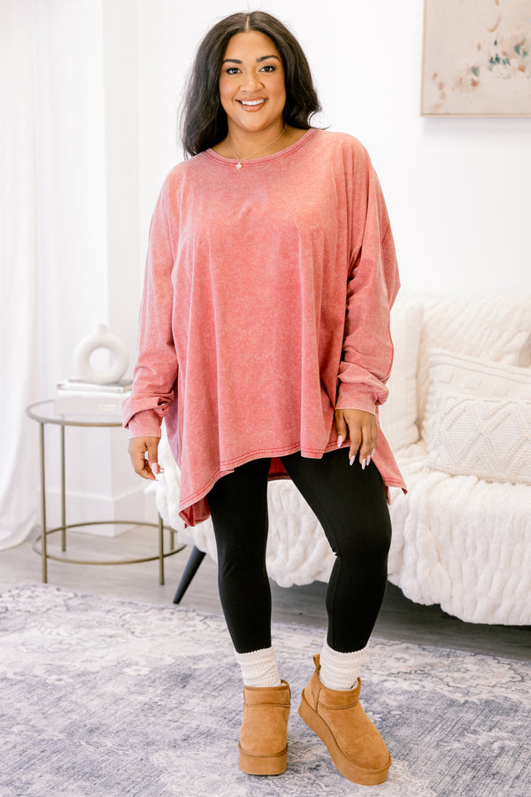 Chic Soul plus size clothing, light red acid wash long sleeve tunic

