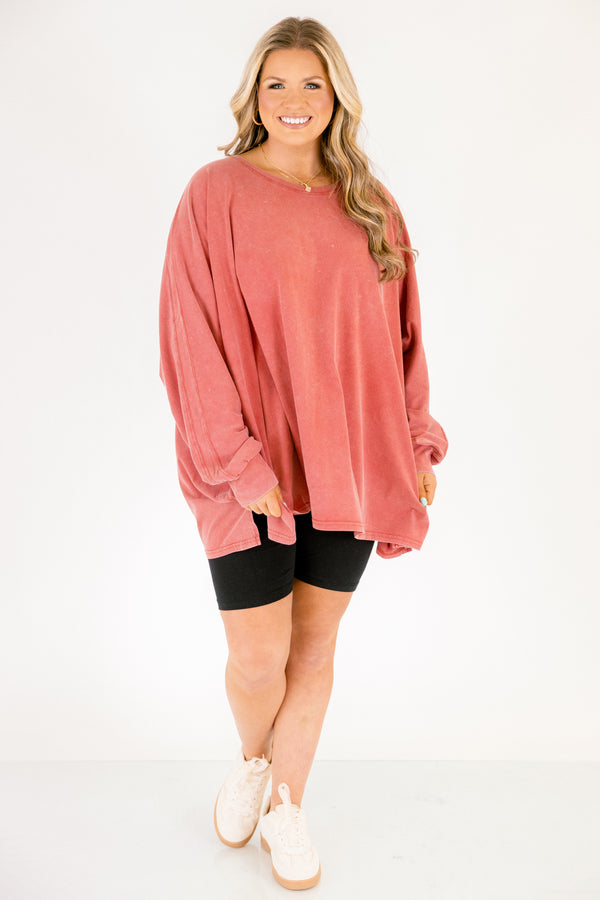 Chic Soul plus size clothing, light red acid wash long sleeve tunic