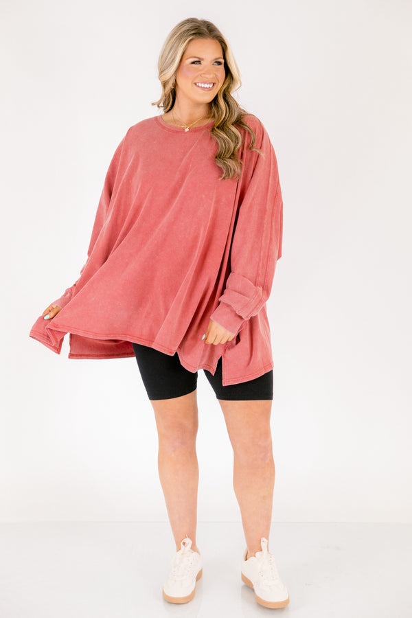 Chic Soul plus size clothing, light red acid wash long sleeve tunic