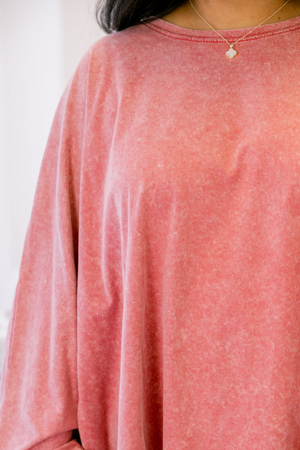 Chic Soul plus size clothing, light red acid wash long sleeve tunic
