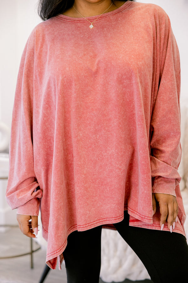 Chic Soul plus size clothing, light red acid wash long sleeve tunic
