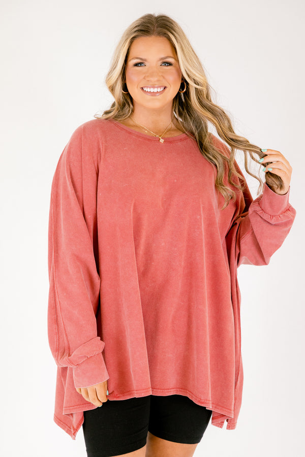 Chic Soul plus size clothing, light red acid wash long sleeve tunic
