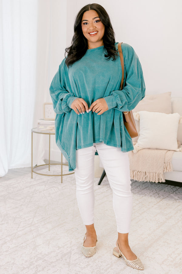 Chic Soul plus size clothing, dark teal long sleeve tunic top