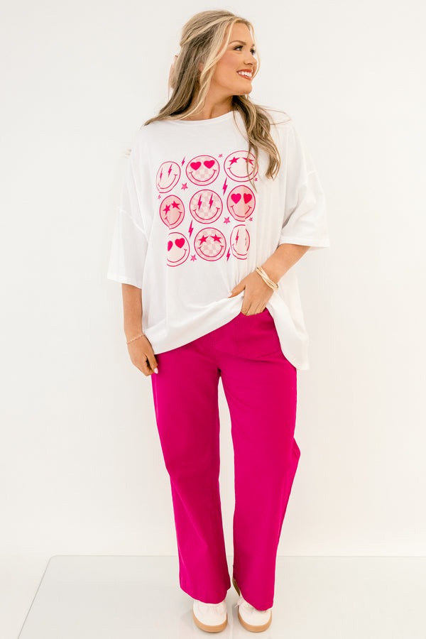 Chic Soul plus size clothing, white, short sleeve oversized tee with pink smiley face graphics on the front 