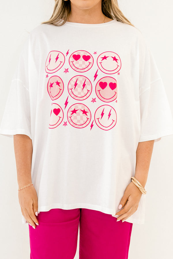 Chic Soul plus size clothing, white, short sleeve oversized tee with pink smiley face graphics on the front 