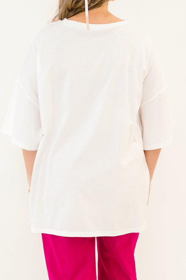 Chic Soul plus size clothing, white, short sleeve oversized tee with pink smiley face graphics on the front 